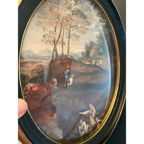 Vintage Oval Convex Bubble Glass Framed Pastoral Landscape Print By E.A. Riba Co - Picture 2 of 6